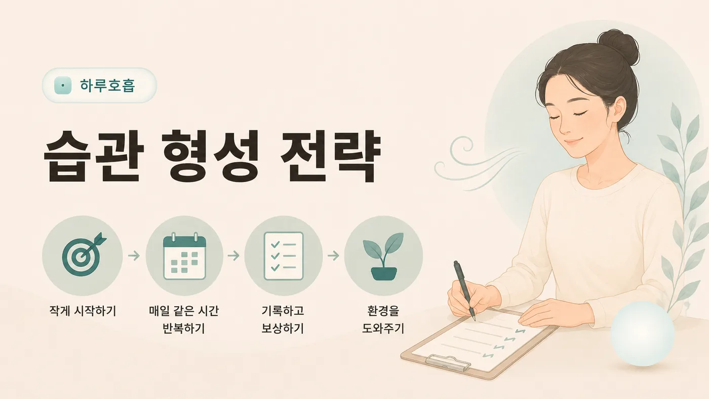 다이어리에 습관 형성 단계를 기록하는 여성 일러스트